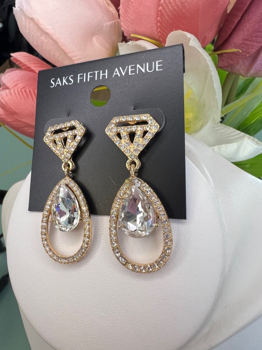 Saks Fifth Avenue Gold Diamond Shape Dangling Earrings - Picture 4 of 5
